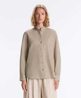 Chemise à col montant en coton mélangé à carreaux
