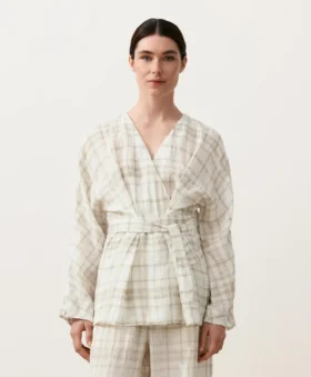 Chemise kimono en lin et lyocell à carreaux