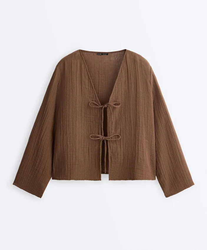 Chemise à manches longues avec liens, 100 % coton Chemise à manches longues avec liens, 100 % coton