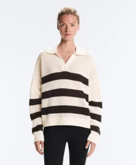Chemise à manches longues en maille ajourée rayée 100 % coton