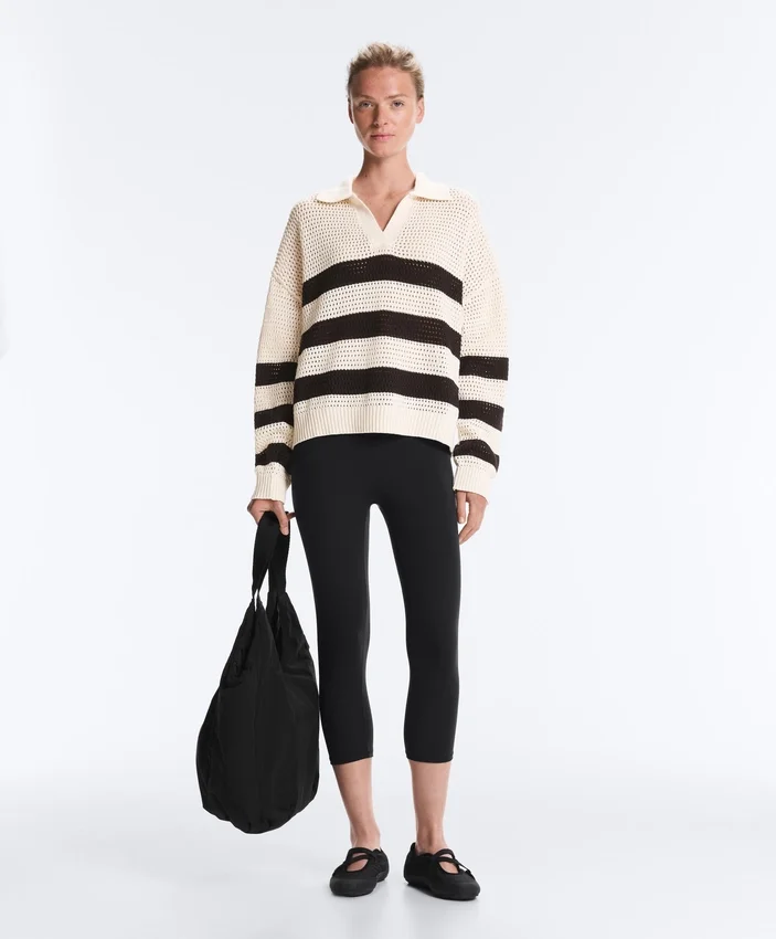 Chemise à manches longues en maille ajourée rayée 100 % coton Chemise à manches longues en maille ajourée rayée 100 % coton