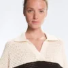 Chemise à manches longues en maille ajourée rayée 100 % coton Chemise à manches longues en maille ajourée rayée 100 % coton