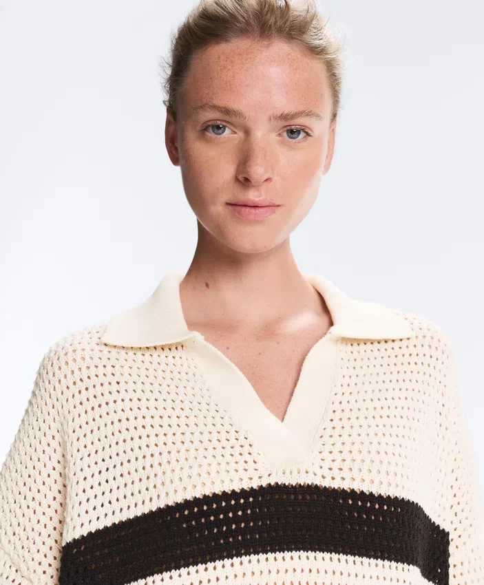 Chemise à manches longues en maille ajourée rayée 100 % coton Chemise à manches longues en maille ajourée rayée 100 % coton