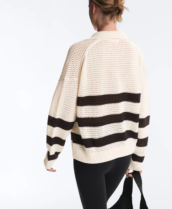 Chemise à manches longues en maille ajourée rayée 100 % coton Chemise à manches longues en maille ajourée rayée 100 % coton
