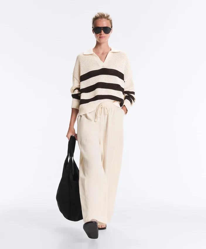 Chemise à manches longues en maille ajourée rayée 100 % coton Chemise à manches longues en maille ajourée rayée 100 % coton