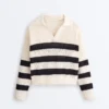 Chemise à manches longues en maille ajourée rayée 100 % coton Chemise à manches longues en maille ajourée rayée 100 % coton