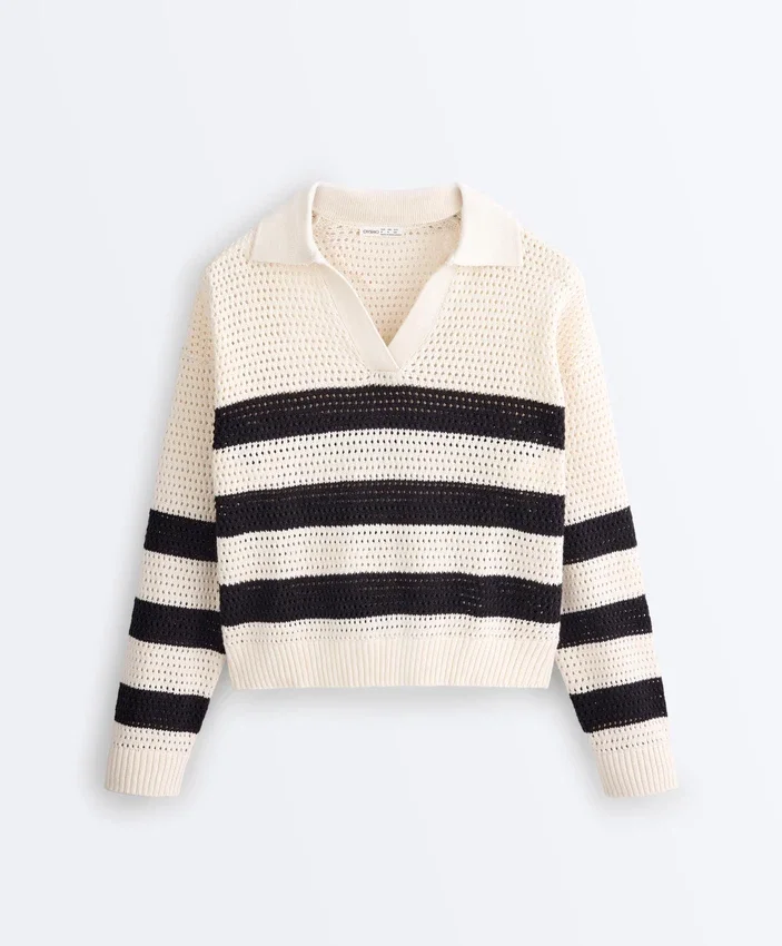Chemise à manches longues en maille ajourée rayée 100 % coton Chemise à manches longues en maille ajourée rayée 100 % coton
