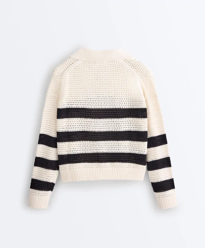 Chemise à manches longues en maille ajourée rayée 100 % coton Chemise à manches longues en maille ajourée rayée 100 % coton
