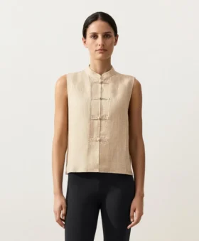 Chemise sans manches 100 % lin à col montant et boutons