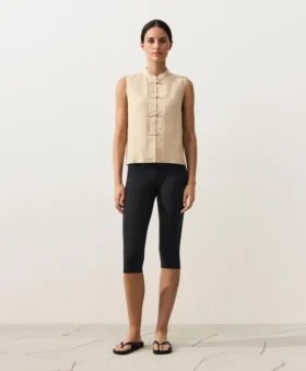 Chemise sans manches 100 % lin à col montant et boutons