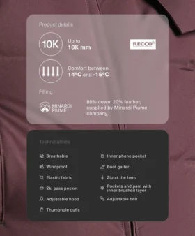 Combinaison de ski Minardi Piume imperméable et rembourrée, avec un garnissage composé à 80 % de duvet et à 20 % de plumes
