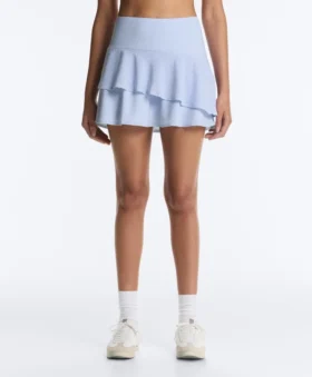 Jupe courte taille haute à volants rayés
