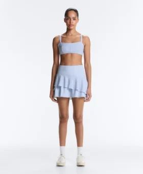 Jupe courte taille haute à volants rayés