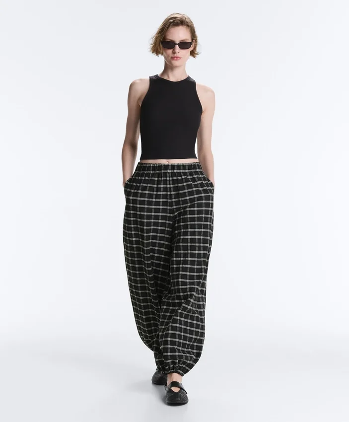 Pantalon bouffant à carreaux en coton Pantalon bouffant à carreaux en coton