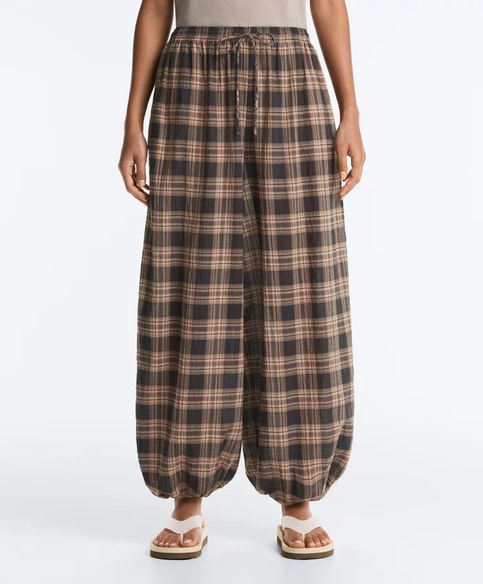Pantalon bouffant à carreaux en mélange de coton Pantalon bouffant à carreaux en mélange de coton