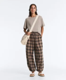 Pantalon bouffant à carreaux en mélange de coton