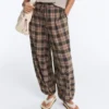 Pantalon bouffant à carreaux en mélange de coton Pantalon bouffant à carreaux en mélange de coton