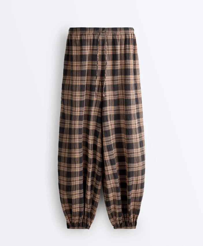 Pantalon bouffant à carreaux en mélange de coton Pantalon bouffant à carreaux en mélange de coton