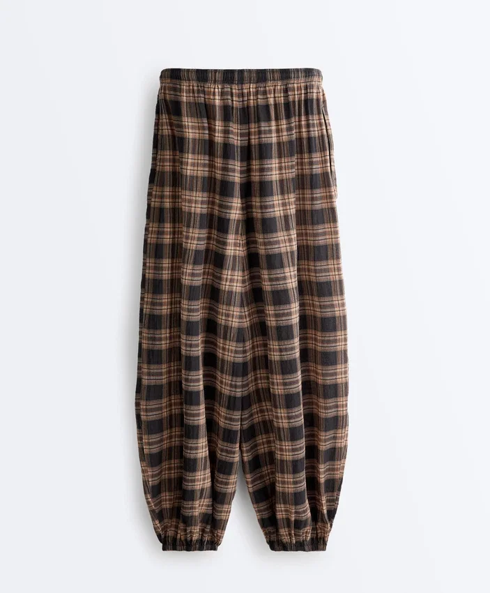 Pantalon bouffant à carreaux en mélange de coton Pantalon bouffant à carreaux en mélange de coton
