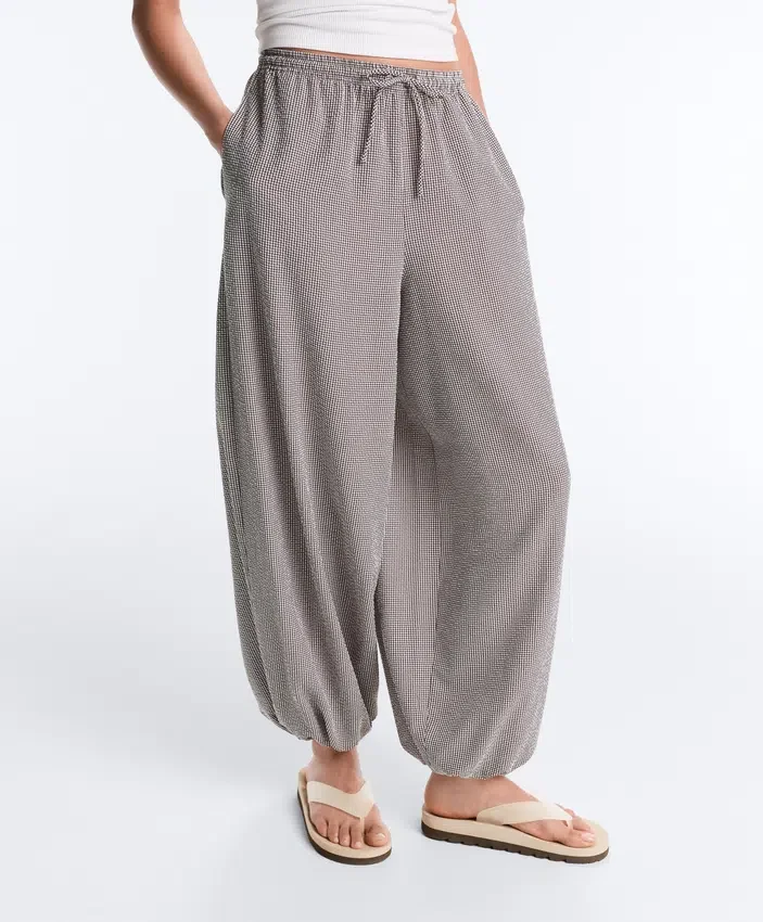 Pantalon bouffant maxi à carreaux en mélange de lyocell Pantalon bouffant maxi à carreaux en mélange de lyocell