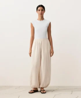 Pantalon bouffant rayé 100 % lin