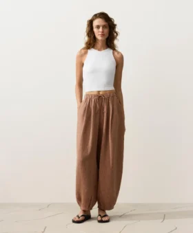 Pantalon bouffant rayé 100 % lin