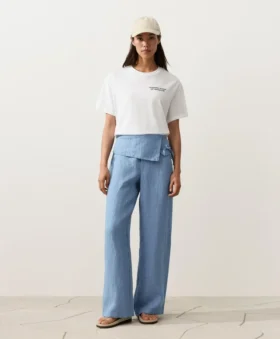 Pantalon droit 100 % lin avec ourlet retourné