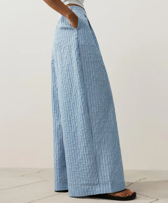 Pantalon droit à rayures en coton mélangé Pantalon droit à rayures en coton mélangé