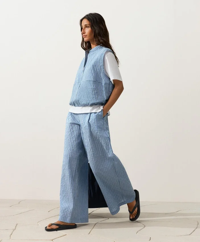 Pantalon droit à rayures en coton mélangé Pantalon droit à rayures en coton mélangé