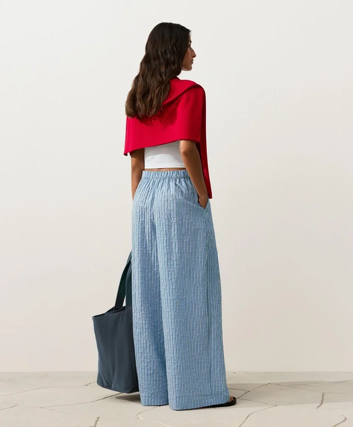 Pantalon droit à rayures en coton mélangé Pantalon droit à rayures en coton mélangé