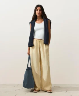 Pantalon droit à rayures imprimées 100 % lin