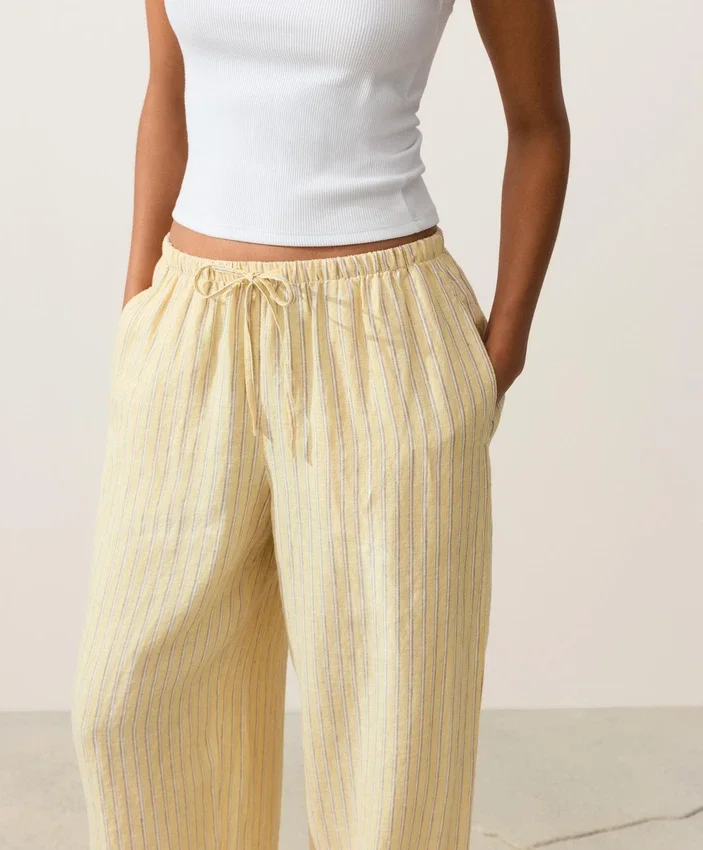 Pantalon droit à rayures imprimées 100 % lin Pantalon droit à rayures imprimées 100 % lin
