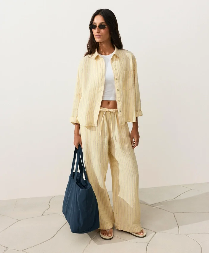 Pantalon droit à rayures imprimées 100 % lin Pantalon droit à rayures imprimées 100 % lin