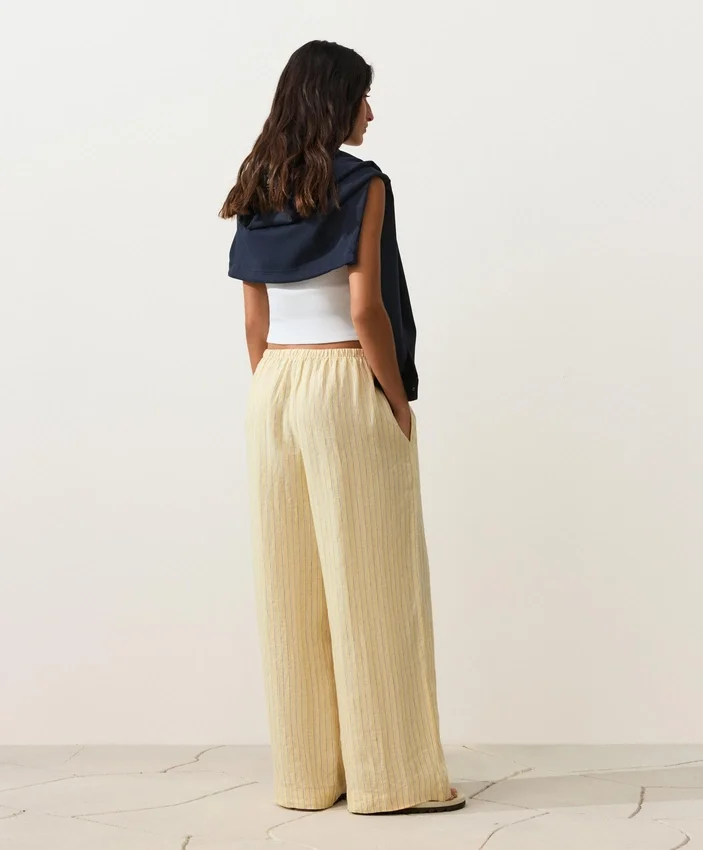 Pantalon droit à rayures imprimées 100 % lin Pantalon droit à rayures imprimées 100 % lin