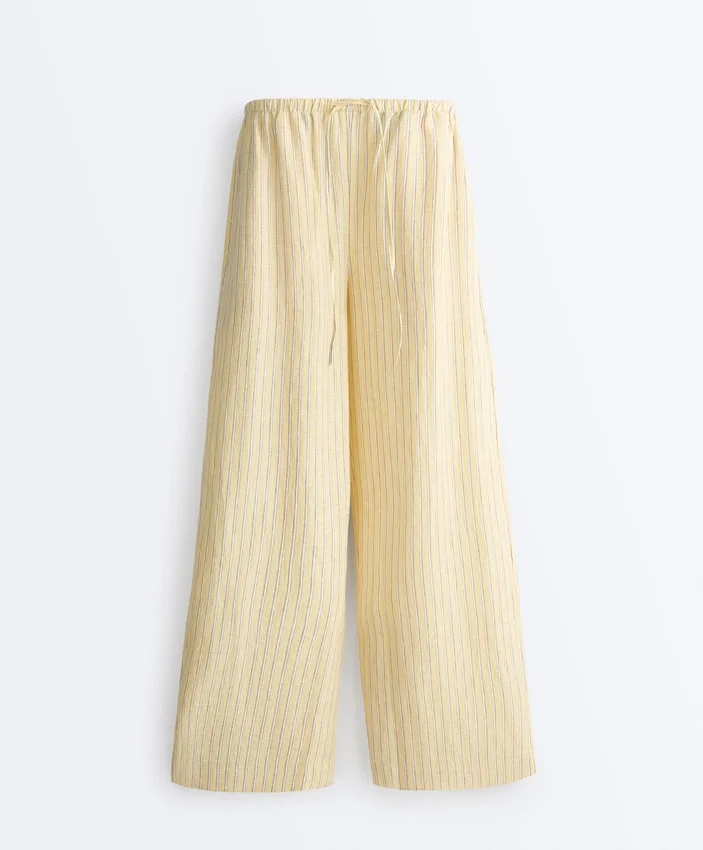 Pantalon droit à rayures imprimées 100 % lin Pantalon droit à rayures imprimées 100 % lin
