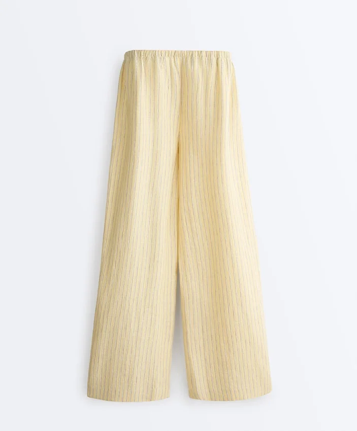 Pantalon droit à rayures imprimées 100 % lin Pantalon droit à rayures imprimées 100 % lin