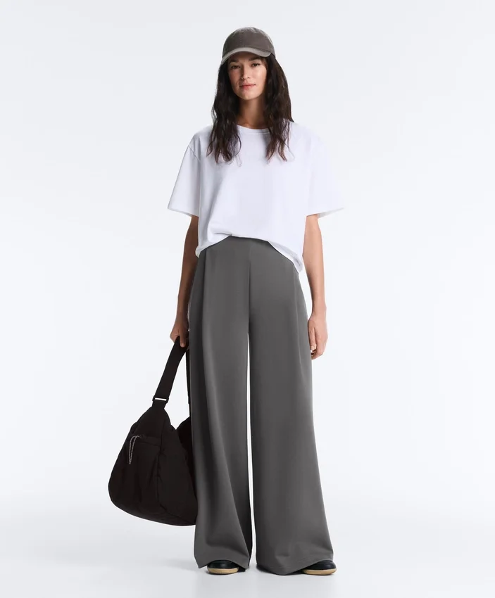 Pantalon en coton piqué à taille haute et jambes larges Pantalon en coton piqué à taille haute et jambes larges