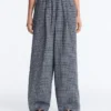 Pantalon à jambes larges en coton mélangé à carreaux Pantalon à jambes larges en coton mélangé à carreaux