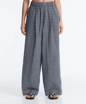 Pantalon à jambes larges en coton mélangé à carreaux