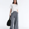 Pantalon à jambes larges en coton mélangé à carreaux Pantalon à jambes larges en coton mélangé à carreaux