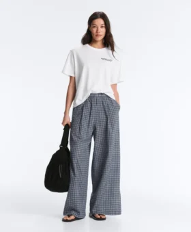 Pantalon à jambes larges en coton mélangé à carreaux