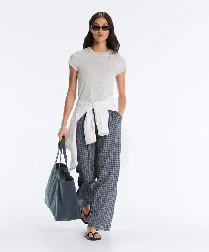 Pantalon à jambes larges en coton mélangé à carreaux Pantalon à jambes larges en coton mélangé à carreaux