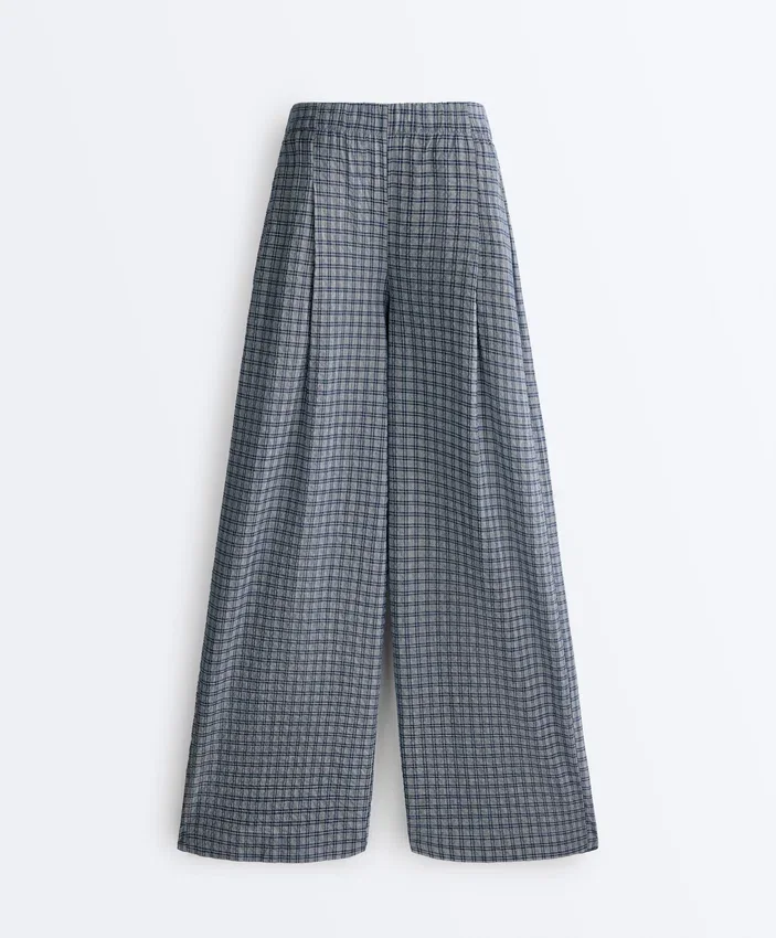 Pantalon à jambes larges en coton mélangé à carreaux Pantalon à jambes larges en coton mélangé à carreaux