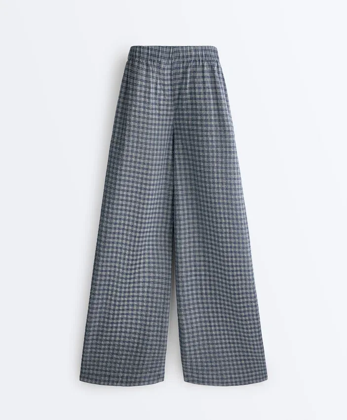 Pantalon à jambes larges en coton mélangé à carreaux Pantalon à jambes larges en coton mélangé à carreaux