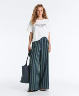 Pantalon à jambes larges en coton mélangé à rayures