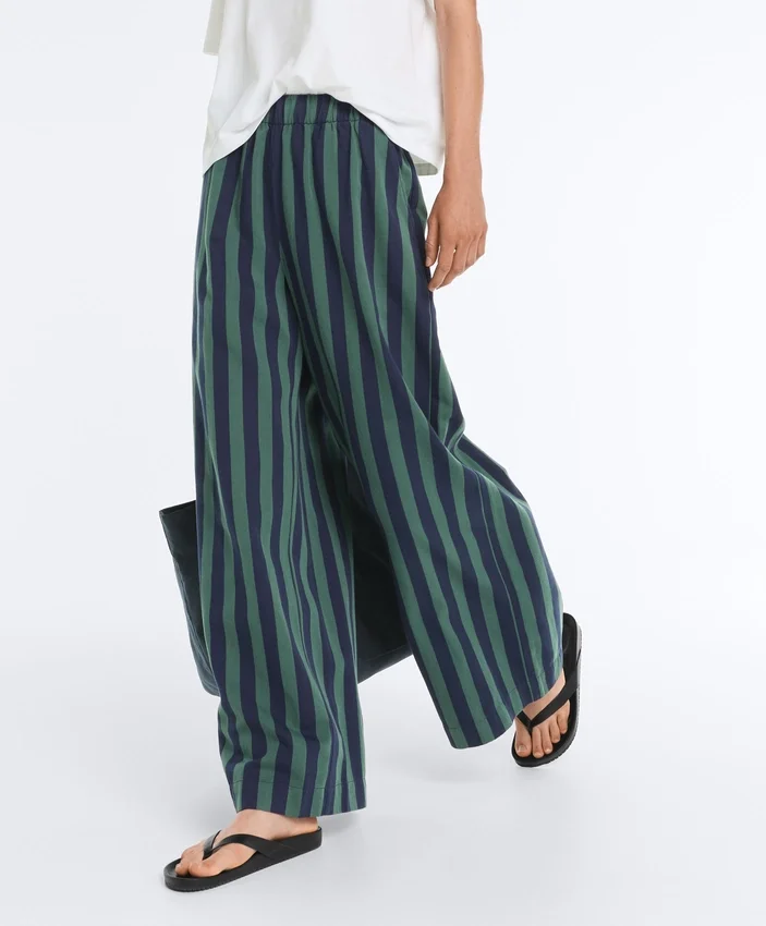 Pantalon à jambes larges en coton mélangé à rayures Pantalon à jambes larges en coton mélangé à rayures