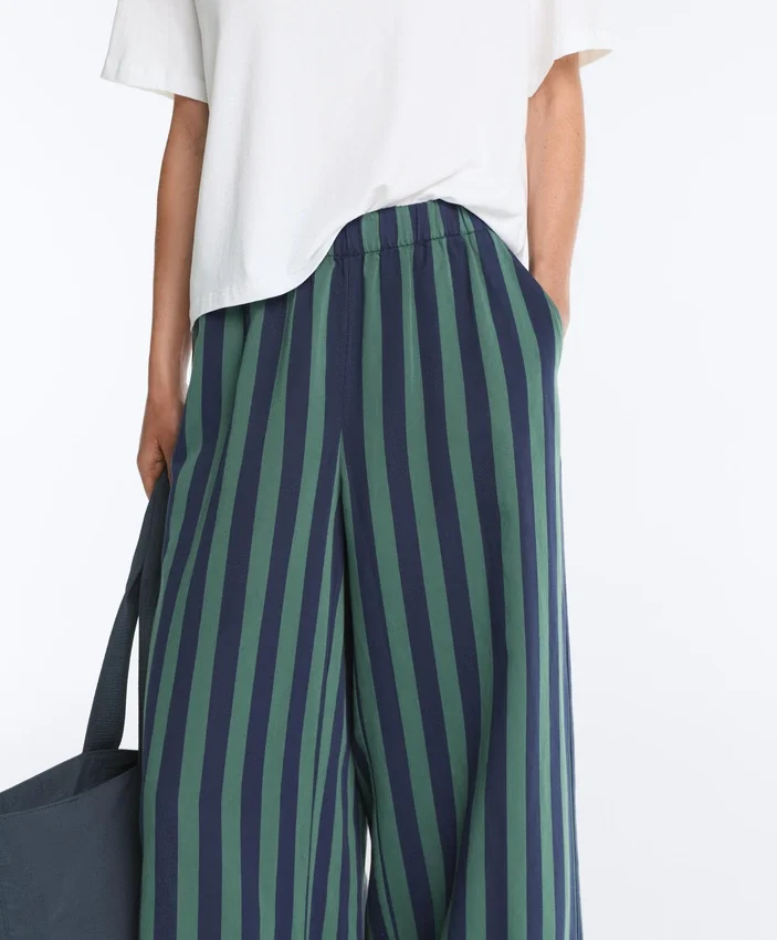 Pantalon à jambes larges en coton mélangé à rayures Pantalon à jambes larges en coton mélangé à rayures