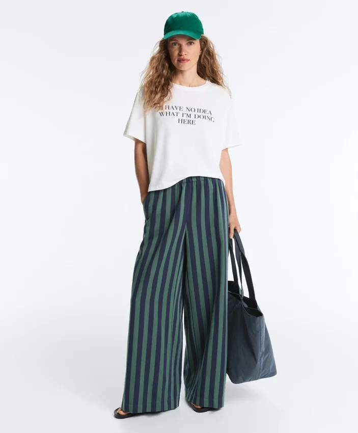 Pantalon à jambes larges en coton mélangé à rayures Pantalon à jambes larges en coton mélangé à rayures
