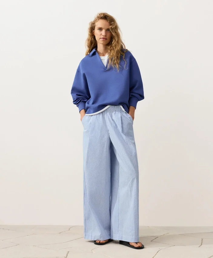 Pantalon à jambes larges en coton mélangé à rayures Pantalon à jambes larges en coton mélangé à rayures