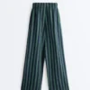Pantalon à jambes larges en coton mélangé à rayures Pantalon à jambes larges en coton mélangé à rayures